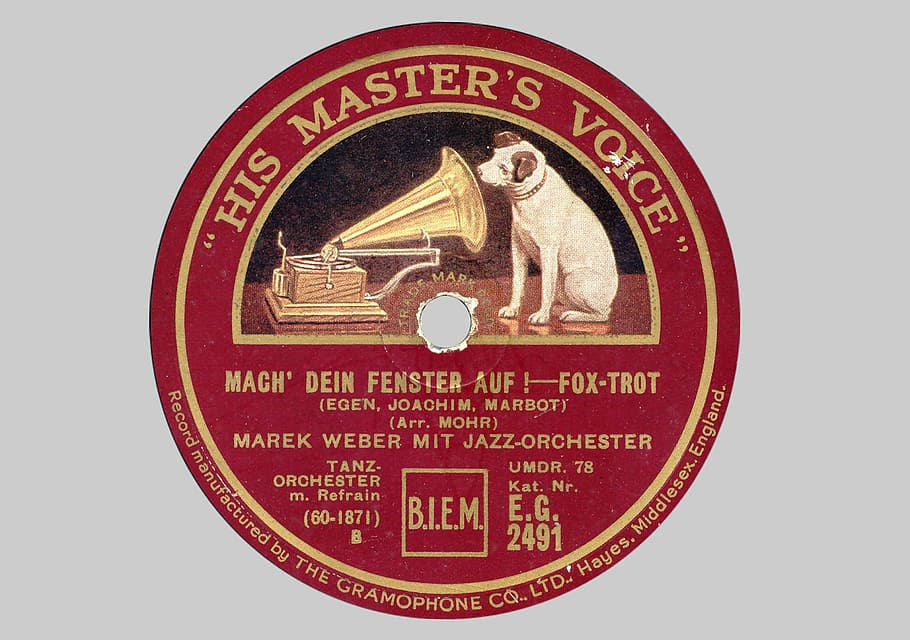 His Master's Voice LP sleeve, record, shellac disc, plate label