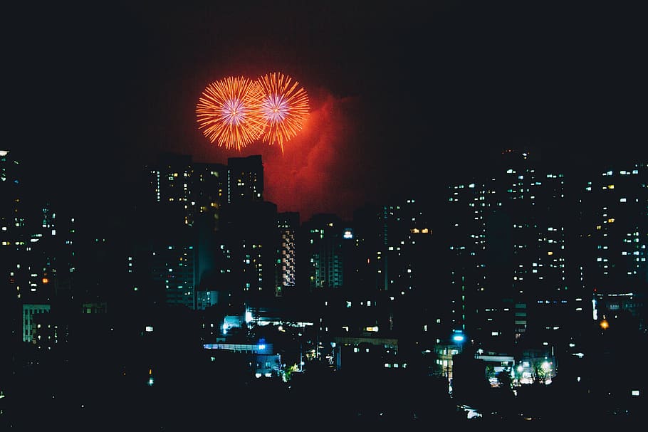 cityscape photography with fireworks during nighttime, dark HD wallpaper