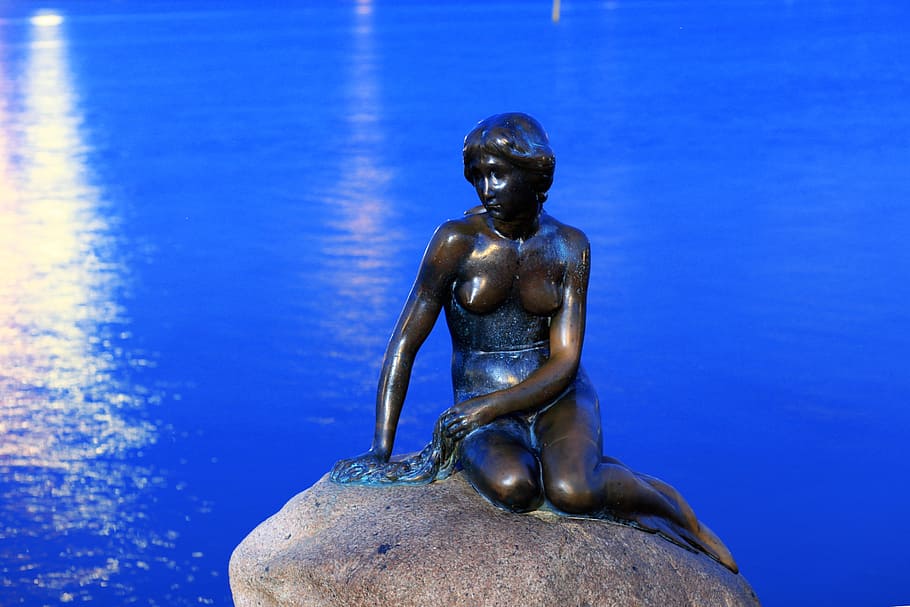 woman statue on top of stone, little mermaid, copenhagen, kobanhavn, HD wallpaper