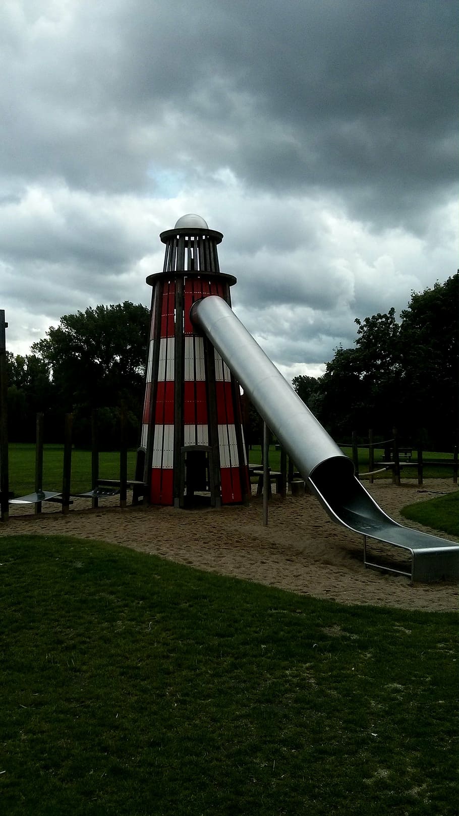 playground, lighthouse, slide, children, fun, children's playground HD wallpaper