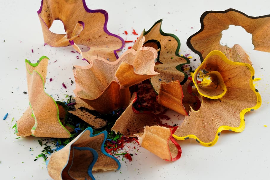 pencil shavings on white surface, color, pens, colorful, colored pencils