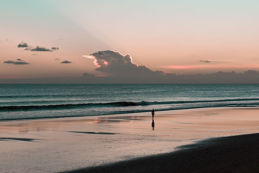 silhouette of person facing body of water on seashore, person walking on seashore near sea at daytime HD wallpaper