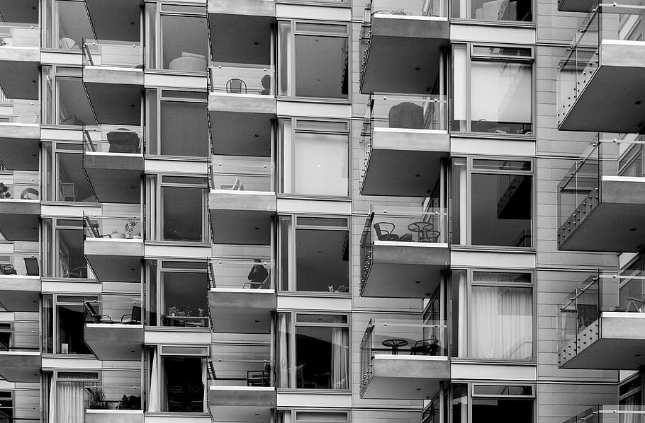 photo of building balcony, scale grey photo of glass building HD wallpaper