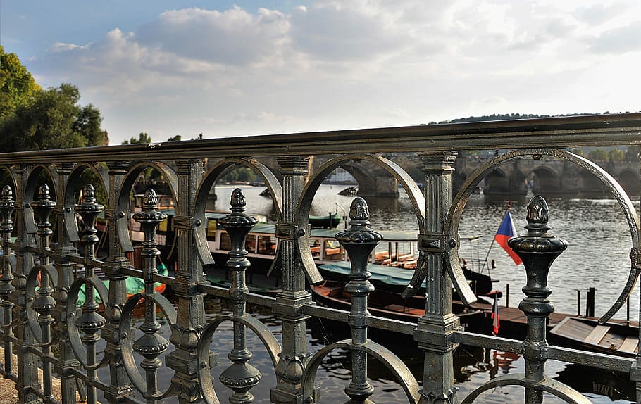 gray steel fence, railing, metal, bridge railing, water, architecture HD wallpaper