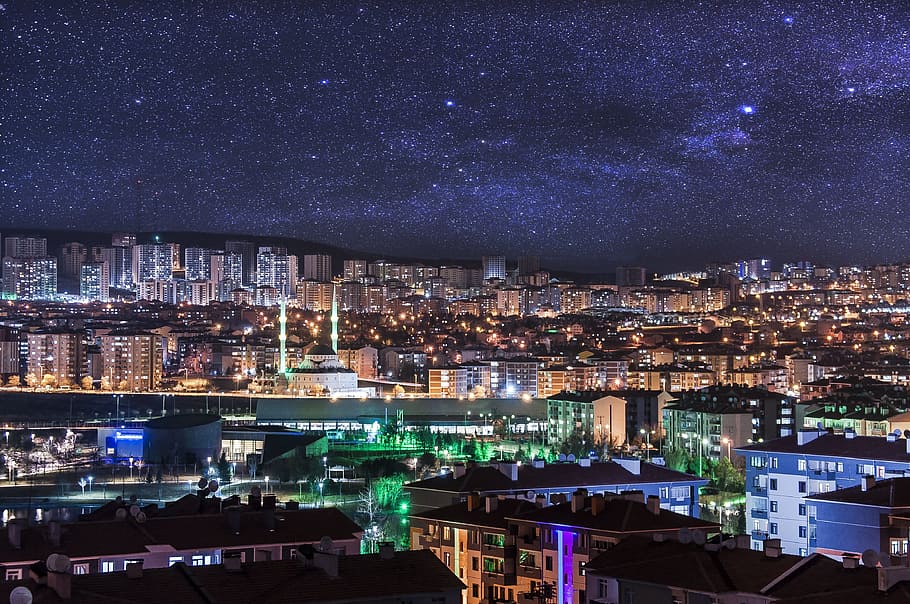 Manipulation, Overview, Night, sky, lights, cityscape, urban Skyline HD wallpaper