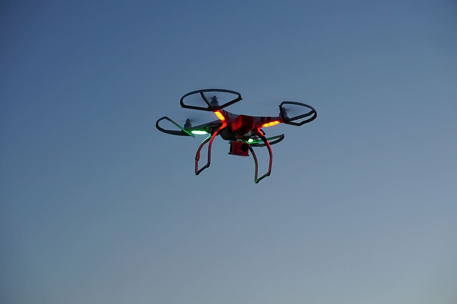 black and red camera drone on air, dji, phantom, quadcopter, field, HD wallpaper