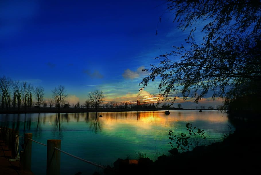 body of water during sun rise, scene, sky, blue, nature, cloud HD wallpaper
