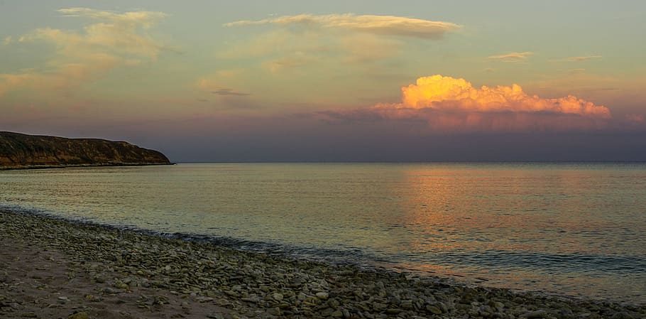 seashore under blue sky, water, sunset, panoramic, nature, beach HD wallpaper