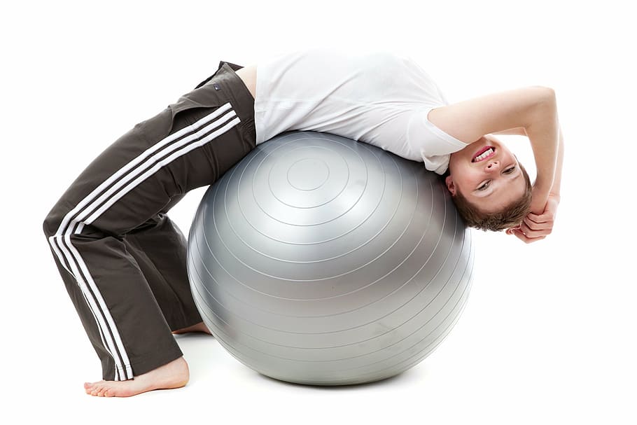 boy on gray stability ball, active, activity, exercise, female HD wallpaper