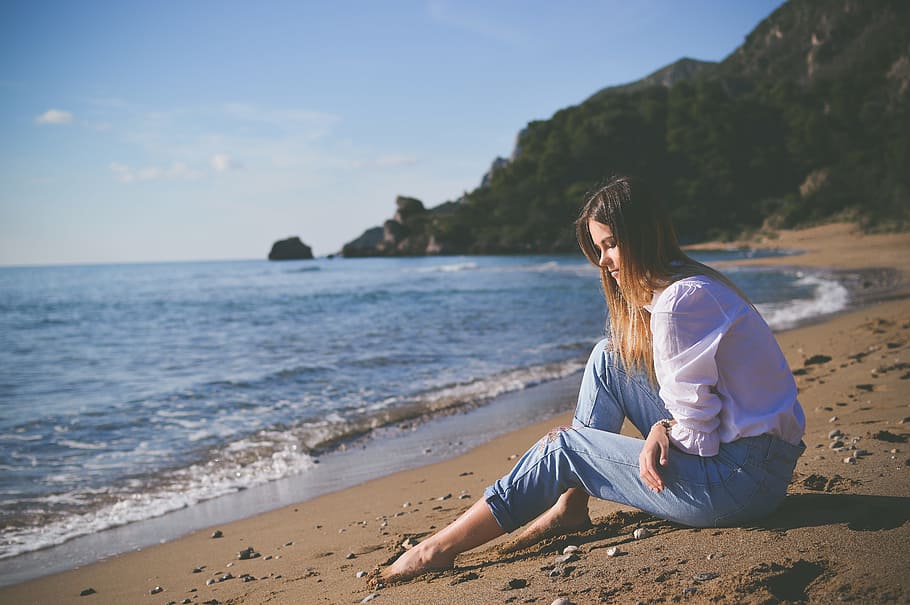 woman sitting near seashore, ocean, blue, water, nature, wave, HD wallpaper