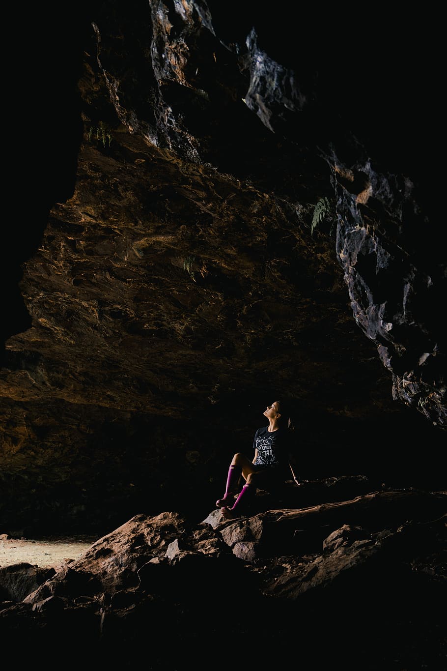 woman sitting inside cave, shadow, female, dark, hide, light, HD wallpaper