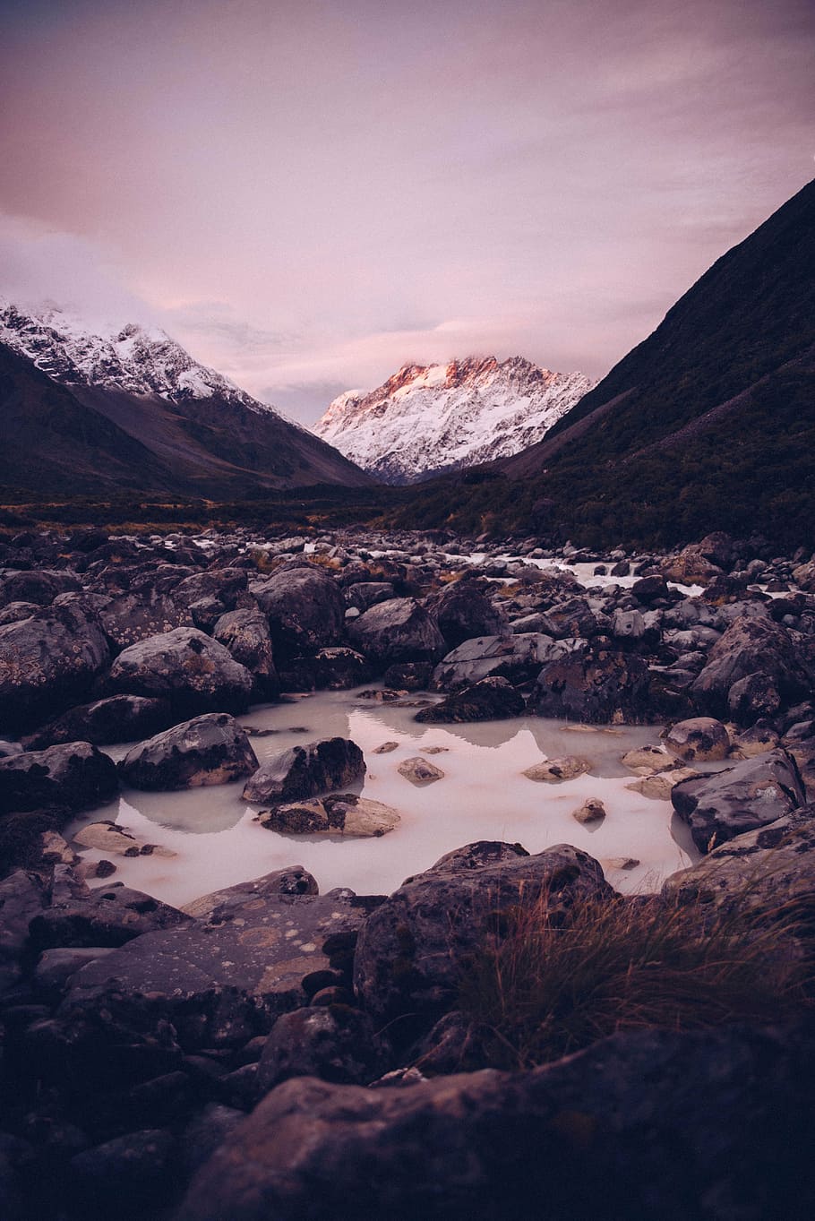 body of water and rocks, mountain, highland, cloud, sky, summit HD wallpaper