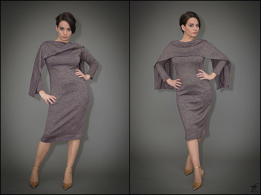 woman in gray crew-neck long-sleeved dress and pair of brown pointed-toe heel shoes outfit collage, HD wallpaper