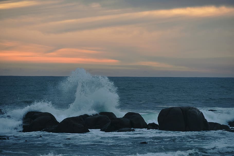 sunset, sky, clouds, ocean, rocks, waves, sea, water, horizon over water HD wallpaper