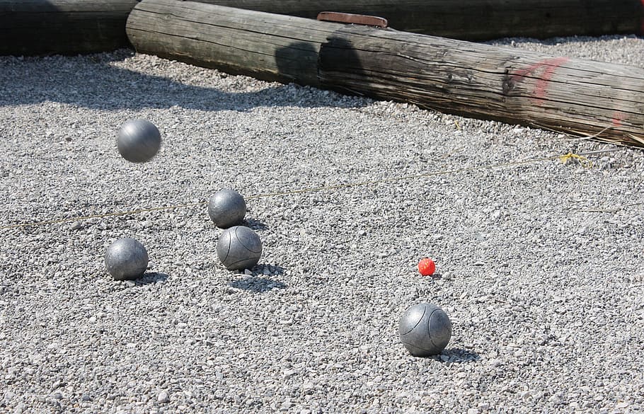 five gray metal balls on gray sand, pétanque, boule, sport, play, HD wallpaper