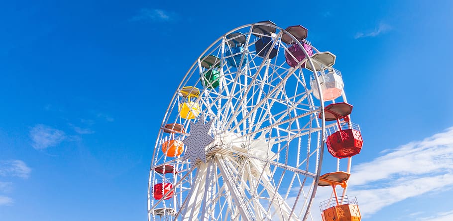 ferris wheel under clear blue sky during daytime, amusement park