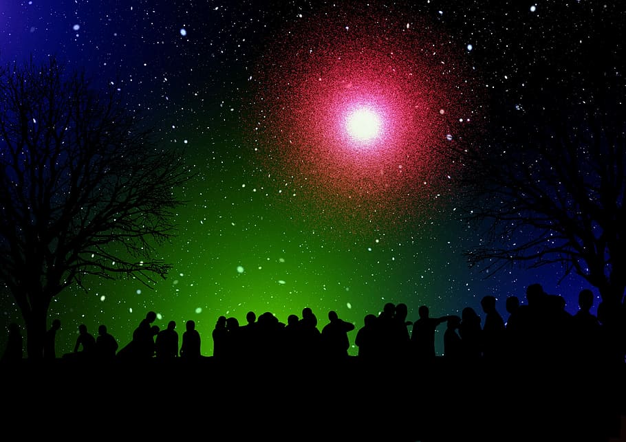 silhouette of people standing under moon, personal, viewers HD wallpaper