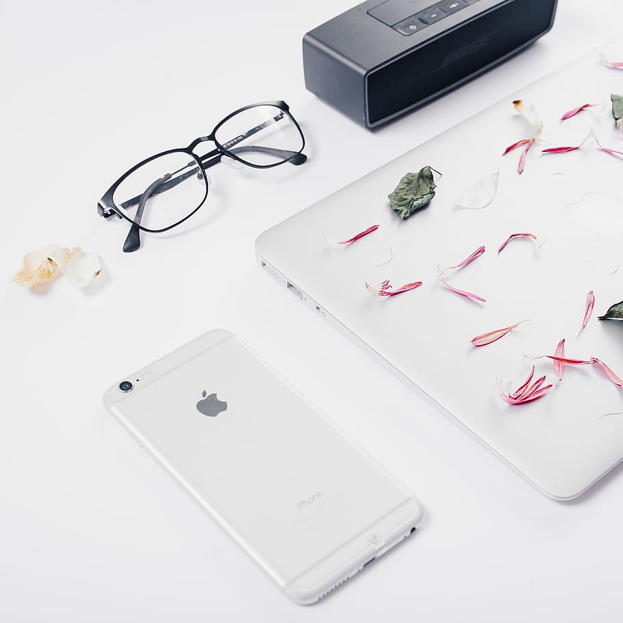 silver iPhone 6 on top of desk, silver iPhone 6 and black framed eyeglasses HD wallpaper