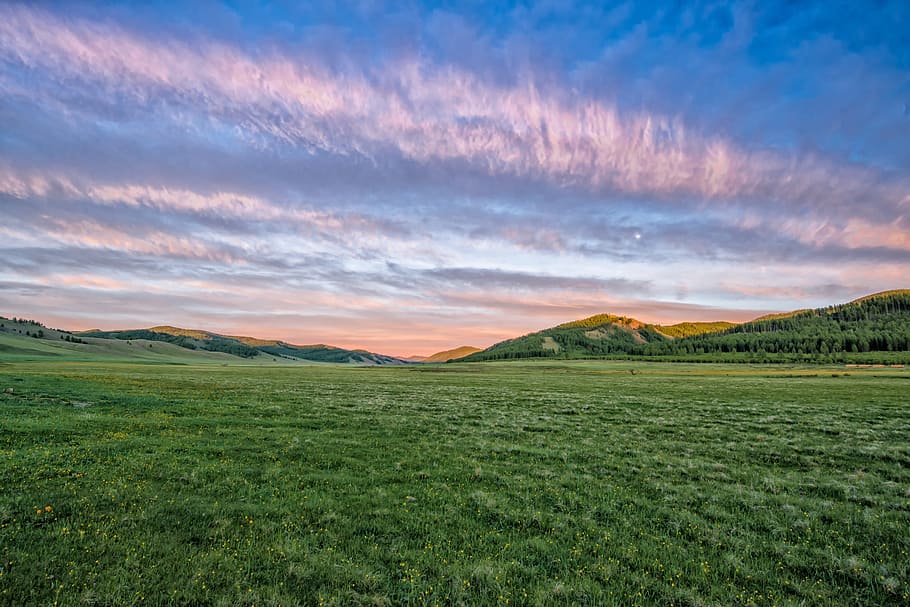 green field with mountains under blue sky, Evening, Green Valley