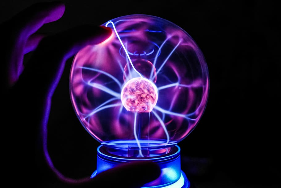 Touching The Plasma Ball Lamp, abstract, fingers, globe, human