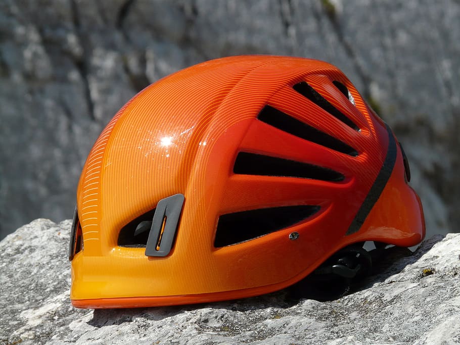 climbing helmet, protection, security, sport, rockfall, orange HD wallpaper