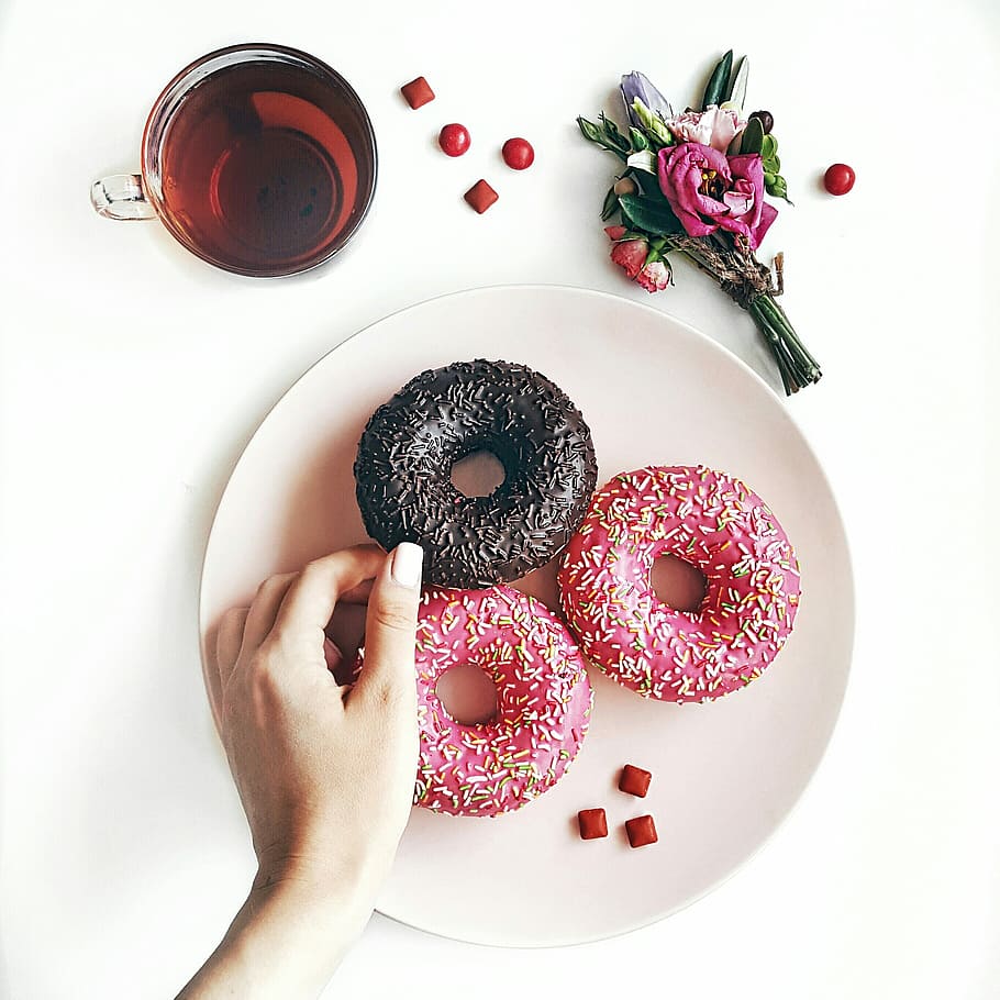 Sweet day, person's hand on dougnut, donuts, tea, plate, food and drink HD wallpaper