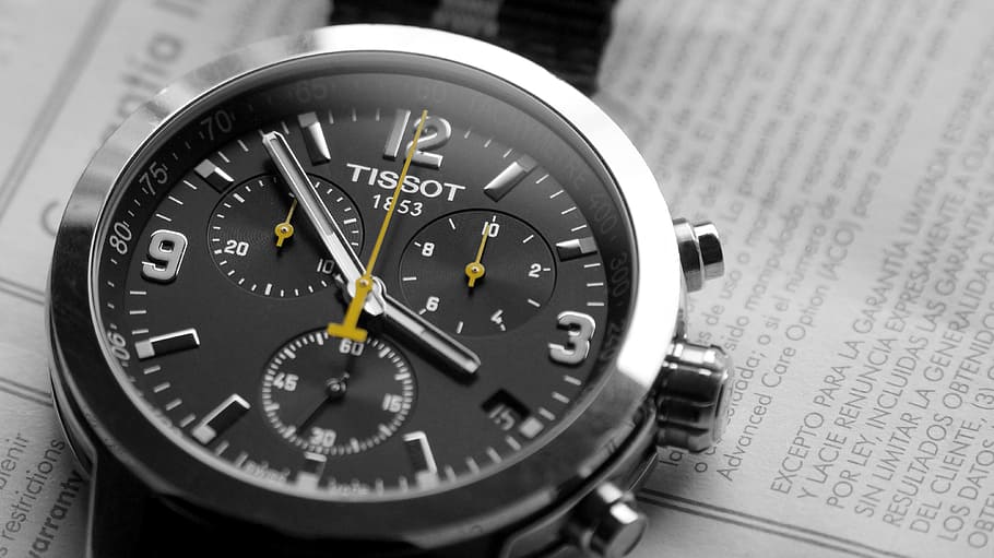 clock, wrist watch, tissot, quality clock, black and white, HD wallpaper