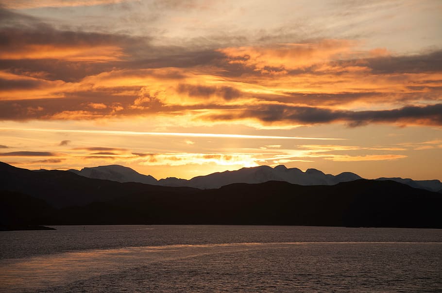 body of water and mountain hills at golden hour, norway, arctic HD wallpaper