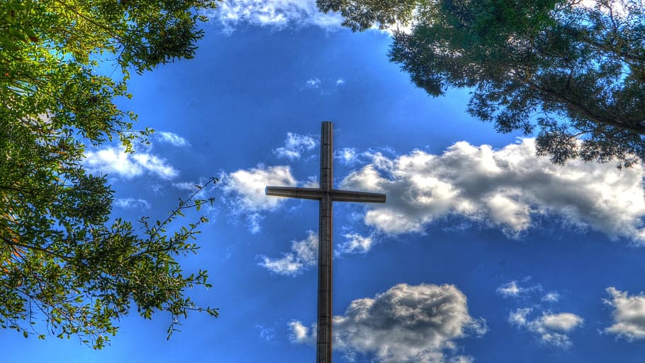 brown wooden cross under the blue sky, Tree, Clouds, trees HD wallpaper