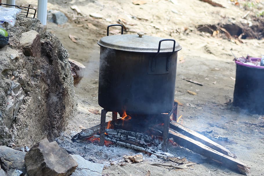 cooking pot, river, fire, tourism, summer, food, heat - temperature, HD wallpaper