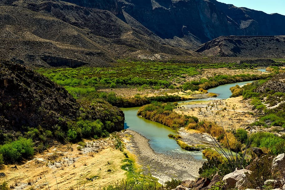 birds eye photography of mountain near body of water, rio grande river, HD wallpaper