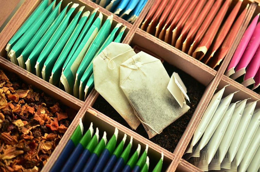 teabag on cubby shelf, tee, tea bags, teas, drink, herbal tea