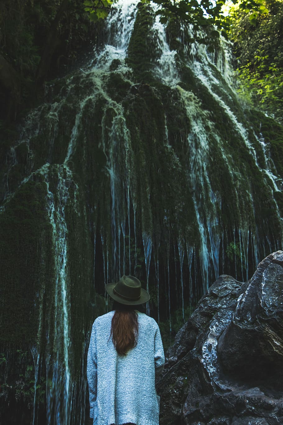 HD wallpaper: woman gazing at waterfalls, woman in gray cardigan ...