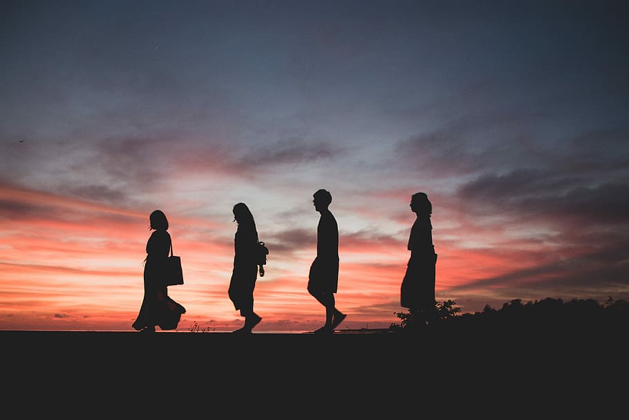 silhouette of four person walking on ground, silhouette photography of four persons, HD wallpaper