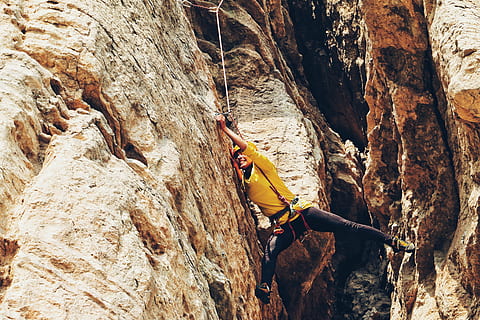 man climbing on cliff, rappelling, rocks, hill, people, girl HD wallpaper