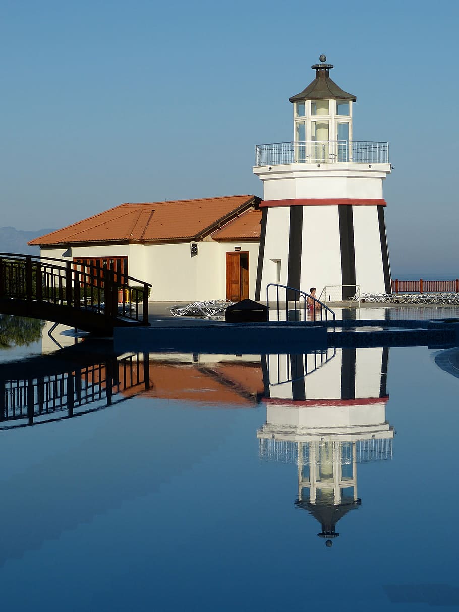 architecture, building, lighthouse, pool, seashore, swimming pool HD wallpaper