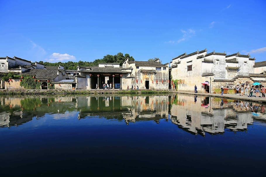 China, Lake, Reflection, house, building exterior, architecture HD wallpaper