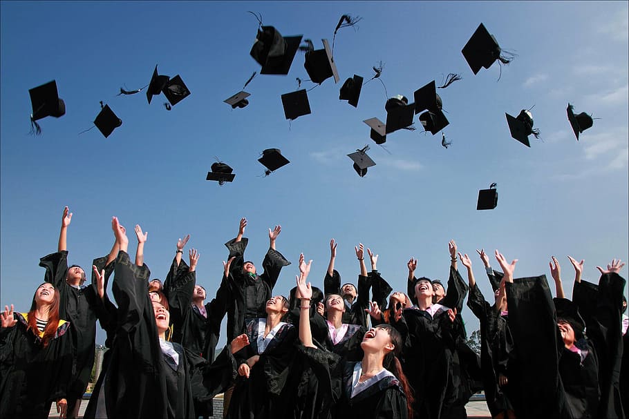 accomplishment, ceremony, education, graduation, group, hats