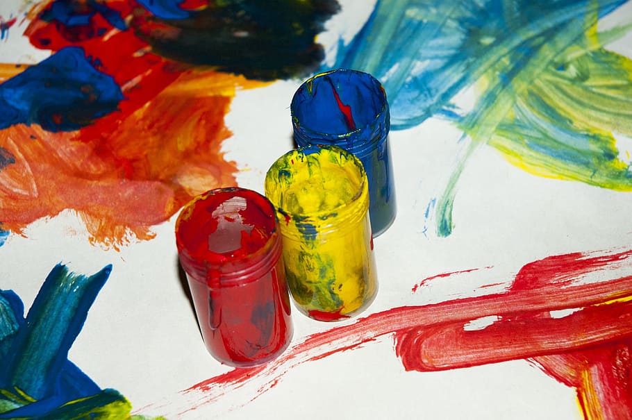 three jars of paint, drawing, art, gouache, paper, multi colored HD wallpaper