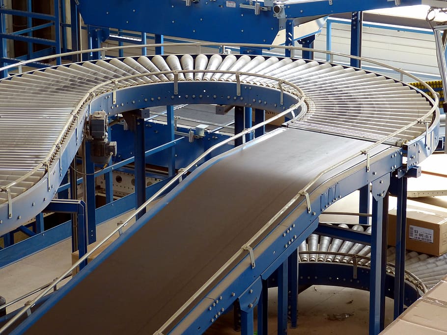 gray conveyor machine, factory, industrial hall, logistics, trade