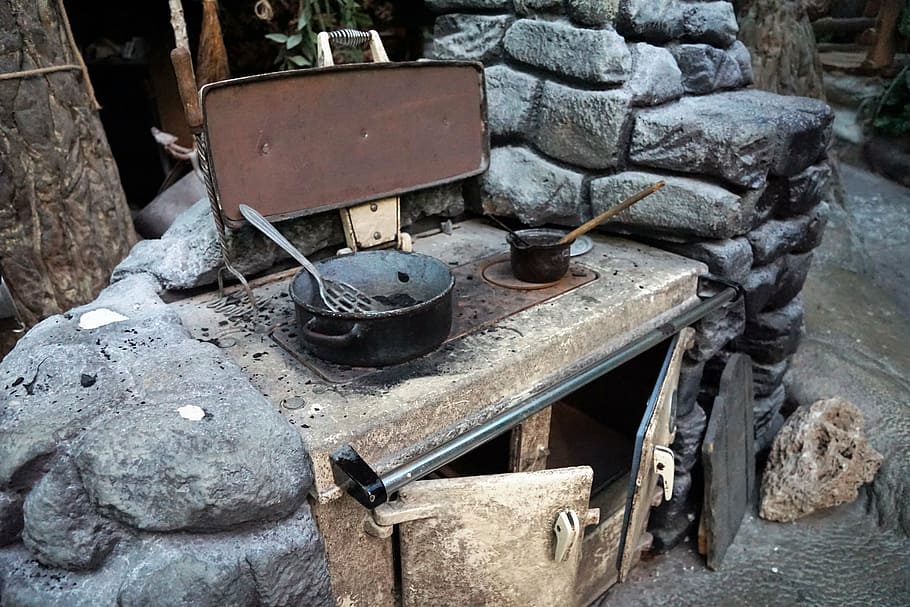 kitchen, stones, old, pan, pot, stove, nutrition, eat, cook HD wallpaper