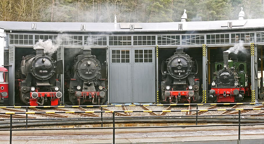 steam locomotives, locomotive shed, track star, hub, historically, HD wallpaper