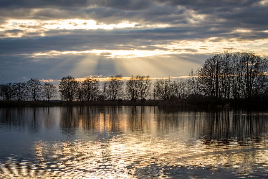 sunset, lake, sky, abendstimmung, nature, clouds, twilight HD wallpaper