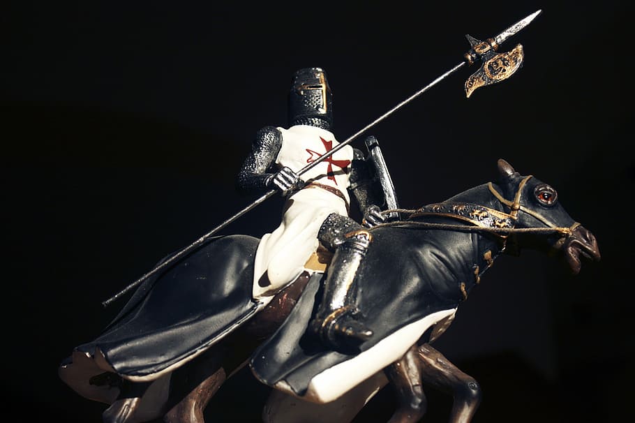 knight riding black horse figurine, crusader, warrior, rider