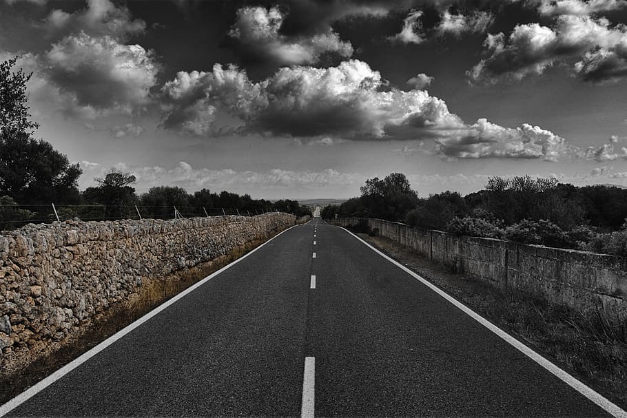 mallorca, road, spain, view, road train, clouds, direction HD wallpaper
