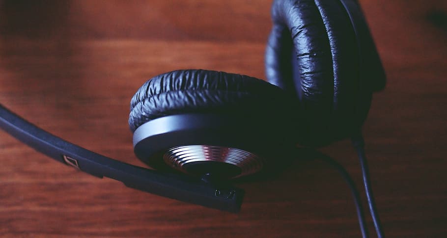 black corded headphones on brown surface, audio, technology HD wallpaper