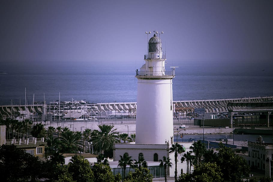 malaga, lighthouse, sea, cabopino, spain, holiday, afternoon, HD wallpaper
