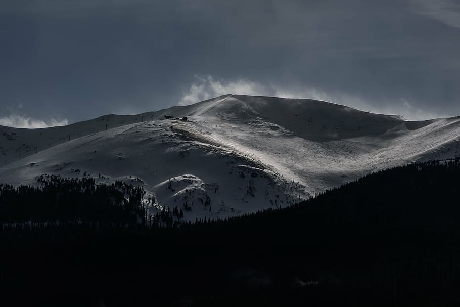 snow-covered mountain, highland, dark, cloud, sky, summit, ridge HD wallpaper