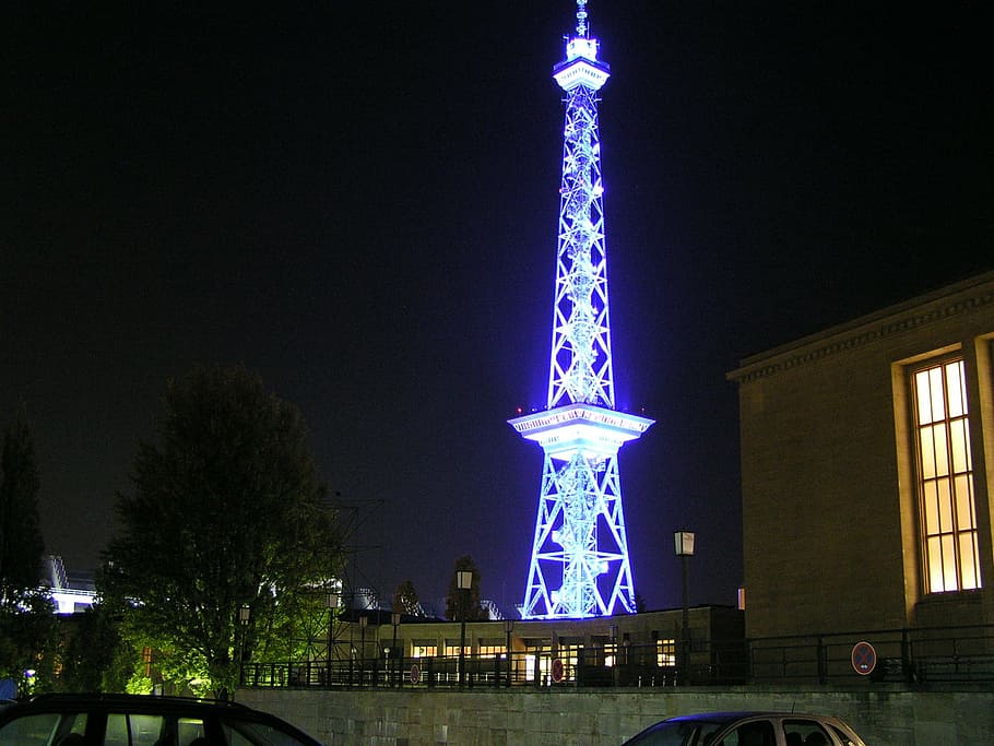 radio tower, berlin, night, illuminated, blue, architecture HD wallpaper