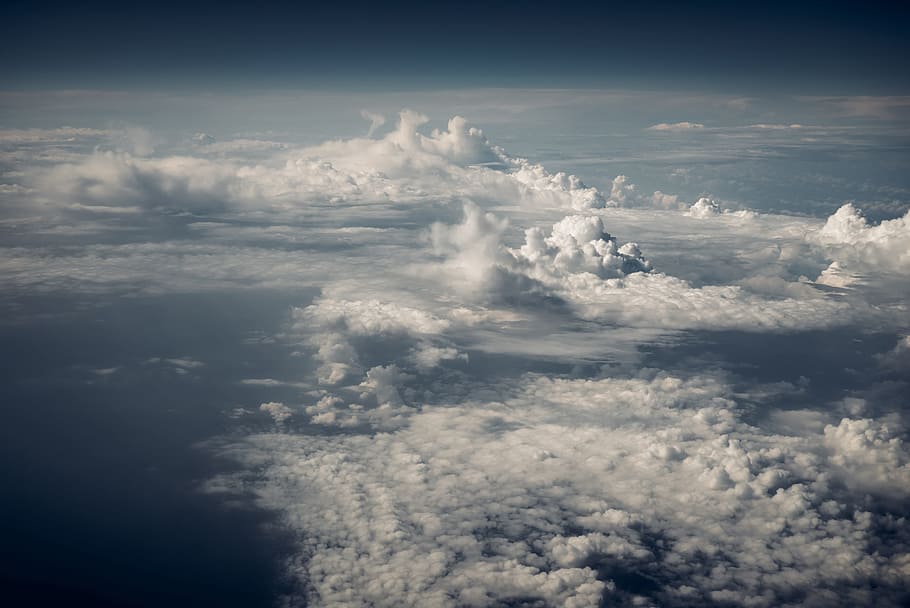 aerial view of white clouds, blue, sky, above, air, atmosphere HD wallpaper